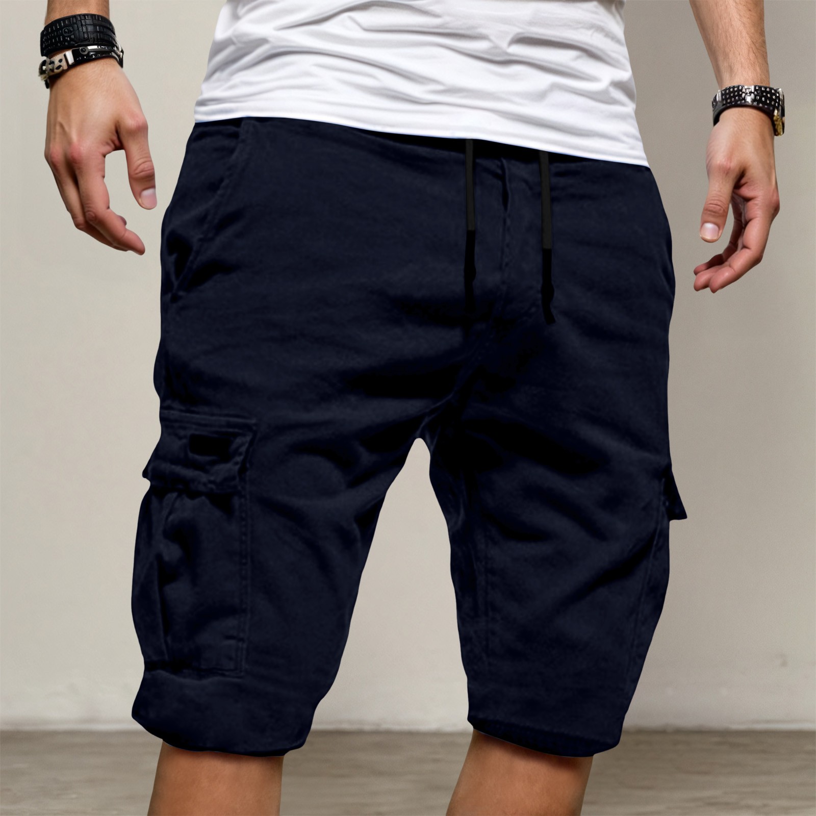 thumbnail image 3 of Pantalones cortos informales de verano para hombre - Diseño ligero con 4 bolsillos - Cintura con cordón - Poliéster/spandex, M-XXXL, 3 of 6
